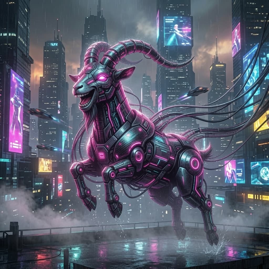 Cyber goat leaping through the city